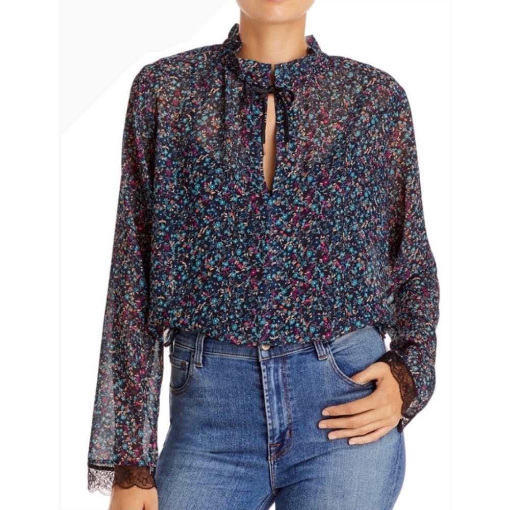 See by Chloe Floral Ruffle Neck Tie Front Long Sleeve Blouse Navy Blue